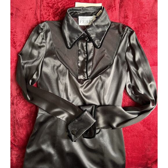 Vintage Gianfranco Ferre Dress 40 Black Satin Lg Sleeve Illusion Whimsigoth Goth - Picture 7 of 9